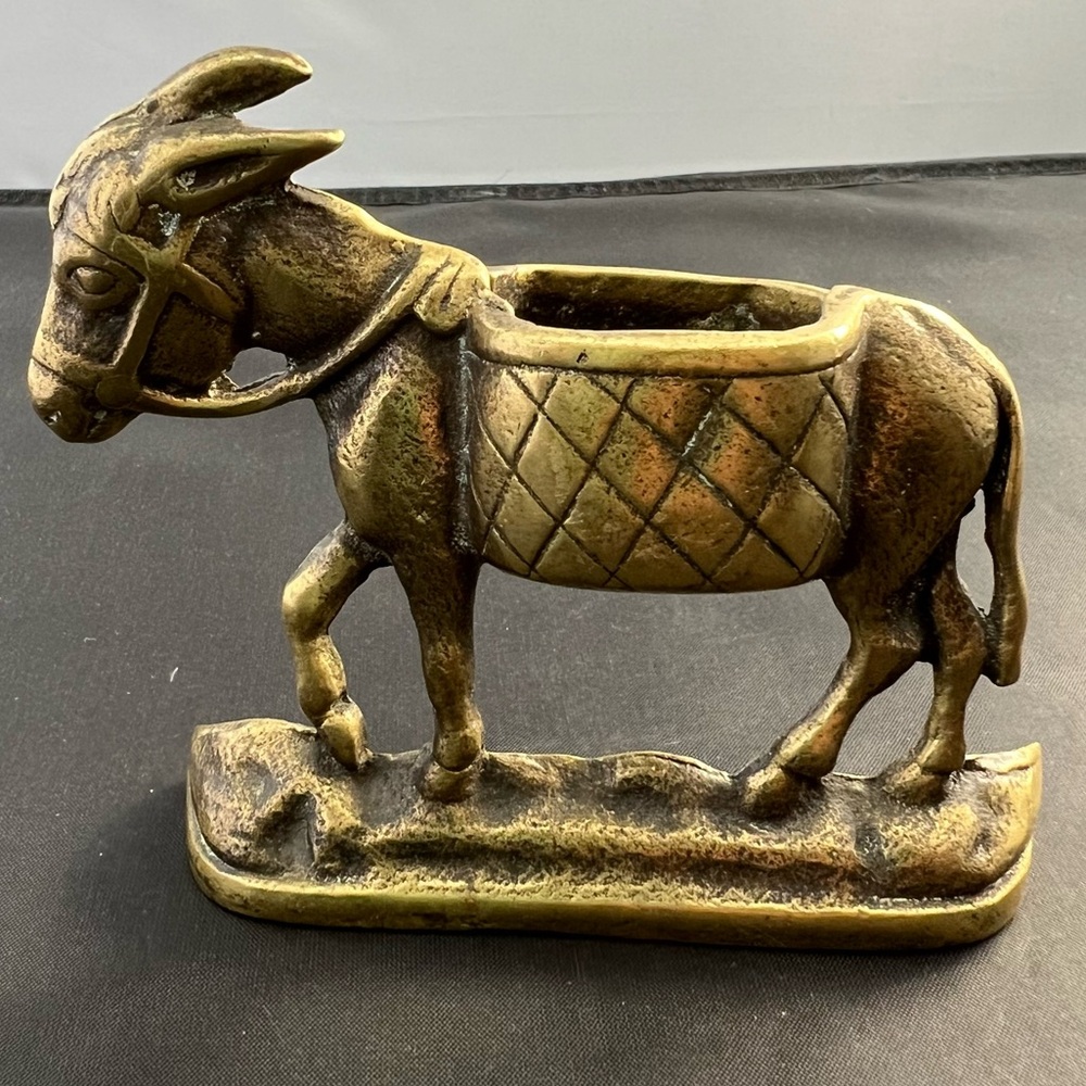 Vintage Brass Donkey Figurine Statue toothpick holder planter